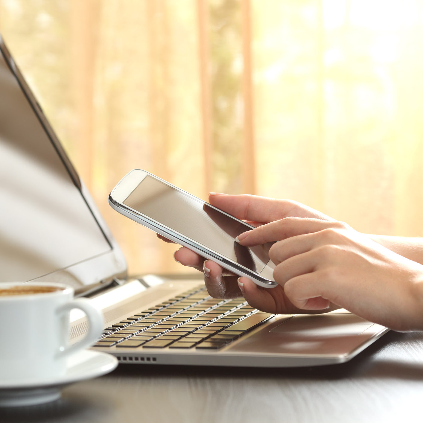 Girl hands using a smart phone and laptop become a foster parent